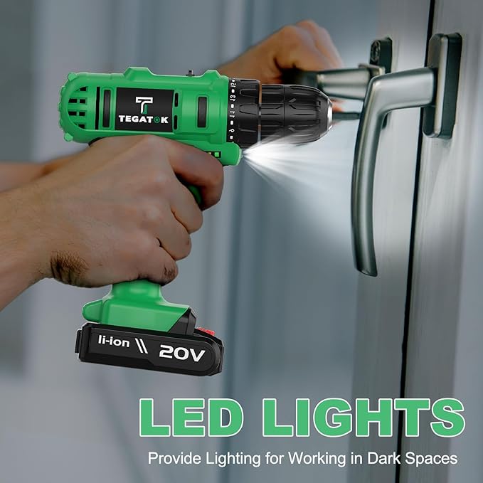 20V Cordless Drill Set, 3/8 Drills Handheld Drill Kit with 18+1 Torque Setting, LED Electric Power Drills Set with Battery and Charger, Electric Screwdriver Tools Kit, 2 Batteries