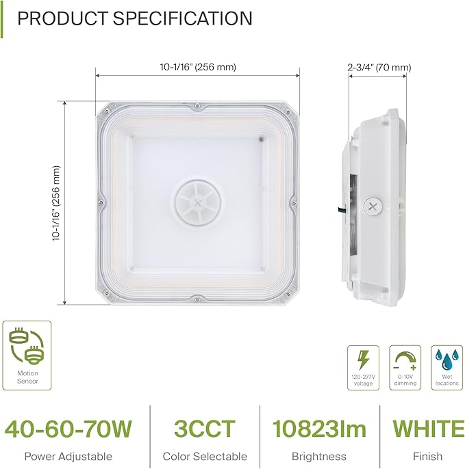 ASD LED Canopy Light 70/60/40W with Q-Base – 3000/4000/5000K 10823Lm 10"x10" 120-277V IP65 Dimmable 0-10V UL & DLC Listed (Optional Motion Sensor-Extra Purchase)