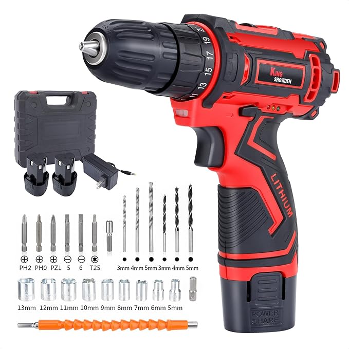 Cordless Drill Kit Power Screwdriver Set, 12.6V Electric Drill Screwdriver for Home DIY, 3/8'' Keyless Chuck, 25+1 Torque Setting, 25 Bits, Built-in LED, 2 x 1500mAh Batteries and Fast Charger,