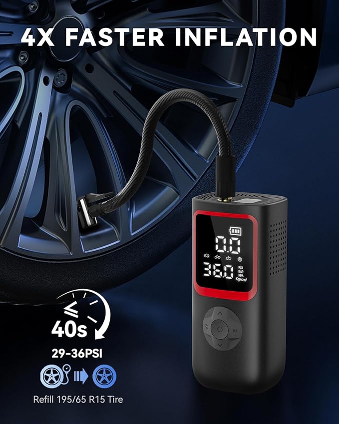 Tire Inflator Portable Air Compressor - 150PSI Portable Tire Inflator with Pressure Gauge, 4X Faster Portable Air Compressor for Car Tires, Air Pump with LED Light for Car, Motorcycle, Bike