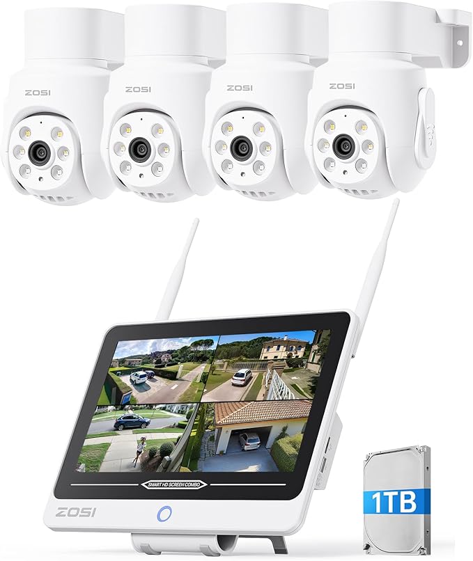 ZOSI 8CH 5MP Wi-Fi 6 Security Camera System with 12" LCD Monitor,4pcs 5mp Pan Tilt Plug-in WiFi Cameras Outdoor Indoor,AI Person Detection,Color Night Vision,2-Way Audio,1TB HDD for 24/7 Recording
