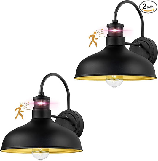 2 Pack 12" Motion Sensor Barn Lights, Outdoor Wall Lights with Dusk to Dawn Feature, IP65 Waterproof Farmhouse Gooseneck Light for House, Patio, Garage，HSMD2215-2