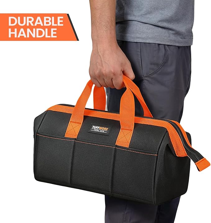 Tool Bag, 14 inch Heavy Duty Storage Bag with Handles, Double Layer 600D Polyester Fabric, Black and Orange, Tool Organizer for Mechanics, Electricians, and DIY Enthusiasts