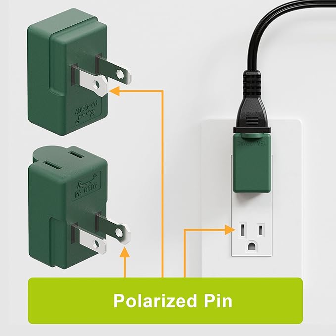 Right Angle Adapter,2-Prong 90 Degree Upward Angled AC Adapter, Polarized 2-Prong L Type Adapter, Vertical Right Angled Down Angle Power Adapter, PA-0507G Green Color