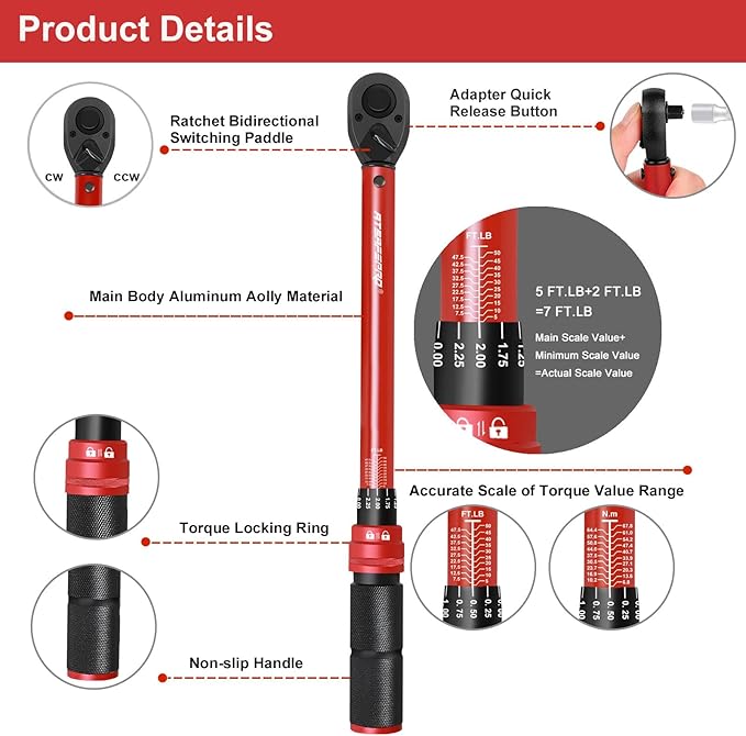 3/8-Inch Drive Click Torque Wrench,Dual-Direction Adjustable,72-Tooth Dual Range Scales-5-50Ft-Lb/6.8-68Nm,Quick Release Ratchets
