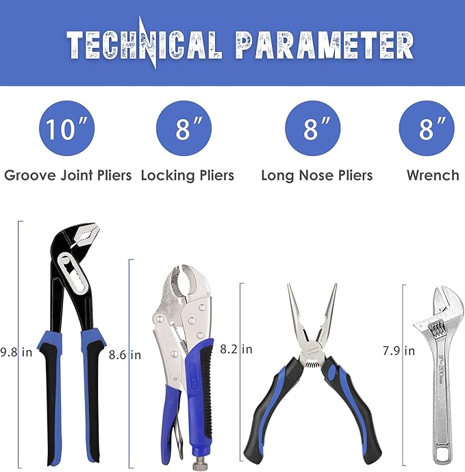 4-Piece Home Maintenance Tool Kit for Men, Including Groove Joint, Long Nose, Diagonal Cutting, Locking Pliers, Adjustable Wrench and Linesman Pliers, with Storage Pouch