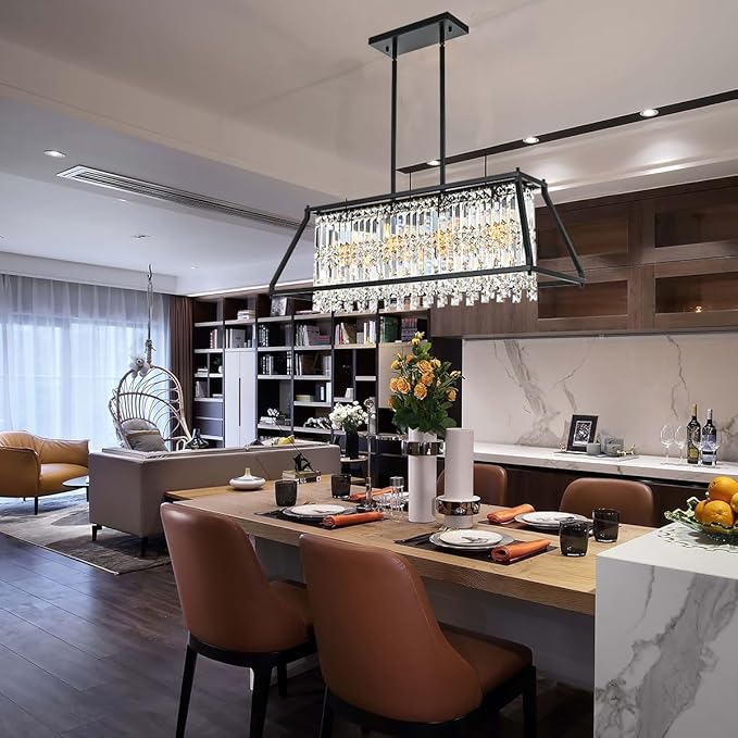 Crystal Chandelier Light for Dining Room, 4-Light Trapezoidal Industrial K9 Crystal Pendant Lights with Black Metal Frame Pendant Lamp for Kitchen Island Living Room Entryway (Black)