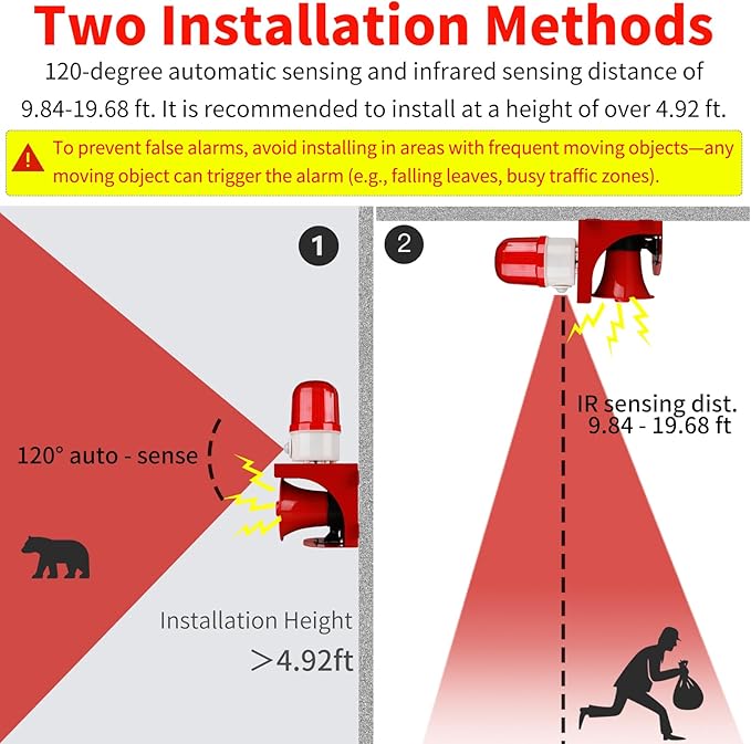 Motion Sensor Alarm with Human Detection,120dB Adjustable Siren & LED Strobe Lights Outdoor Security Alarm for Home Theft,Animal Intrusion,Garden Protection,Property Protection,AC110V with Plug