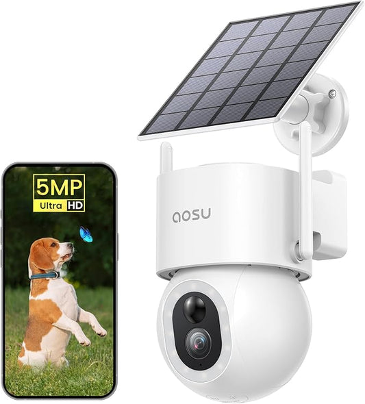 AOSU Security Cameras Wireless Outdoor - 3K/5MP Solar Powered 400-Lumen Floodlight Camera, 360° Pan/Tilt Surveillance, Night Vision, 2.4G WiFi Camera, Auto Tracking, AI Human/Vehicle/Pet Detection