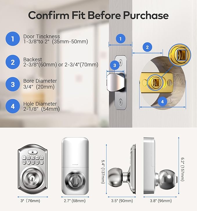 TEEHO Keyless Entry Keypad Door Lock with Handle, Electronic Digital Smart Locks for Front Door, Easy to Install Keypad Deadbolt with Code for Bedroom, Anti-Peeping Password - Nickel