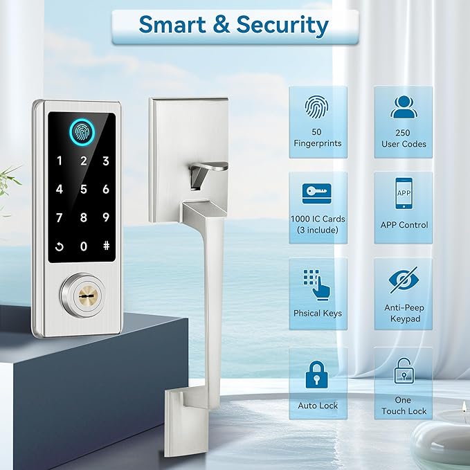 Fingerprint Door Lock with Handle Sets, BEBASIA Keyless Entry Door Lock, Bluetooth Front Door Lock Set, Smart Deadbolt, Electronic Keypad Digital Deadbolt with Handle, Satin Nickel