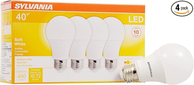 SYLVANIA LED Light Bulb, 40W Equivalent A19, Efficient 6W, Medium Base, Frosted Finish, 450 Lumens, Soft White - 4 Pack (74079)