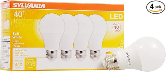 SYLVANIA LED Light Bulb, 40W Equivalent A19, Efficient 6W, Medium Base, Frosted Finish, 450 Lumens, Soft White - 4 Pack (74079)