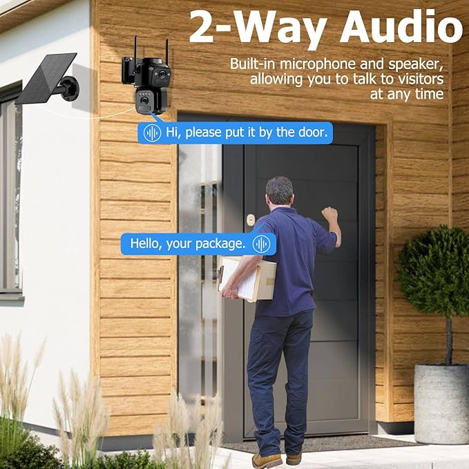 Uniter Dual Lens Solar Security Cameras Wireless Outdoor, 5G/2.4G WiFi 6, Panoramic & Tracking Cam 2-in-1, 6MP Color Night Vision/Motion Detection/Person Tracking/Spotlight Siren/PTZ/2-Way Audio