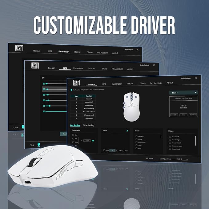 EPOMAKER Click Gaming Mouse Wireless 2.4Ghz/Bluetooth/Type-C, 800 to 42,000 DPI Adjustable, 8K Polling Rate, 500mAh, Lightweight Optical Mouse, for PC/Mac/Linux (White)