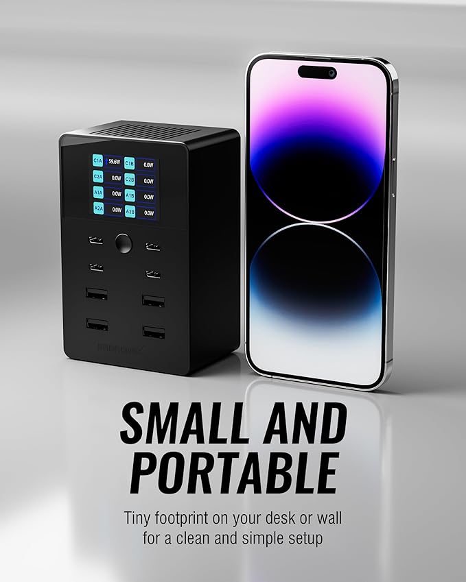 SABRENT 252W Charger – 8-Port USB PD 3.0 with LCD Display, Fast Charging for USB-C & USB-A Devices, Laptops, Phones, Tablets, Gaming Consoles – PPS, Overcharge Protection, Travel-Friendly (AX-8PTC)