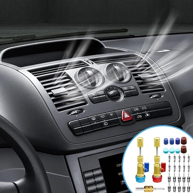 31Pcs R134A Valve Core Quick Remover Installer Tool Set, High Low Pressure AC Valve Core Removal Tool with R134A Valve Core AC Service Port Cap Valve Stem Kit for Refrigerant Air Conditioner System