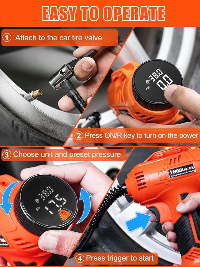 Tire Inflator Portable Air Compressor, Cordless Car Tire Pump with 20V Rechargeable Battery, 12V Car Power Adapter, Digital Pressure Gauge, 150 PSI Handheld Air Pump for Car, Motorcycle, and Bike