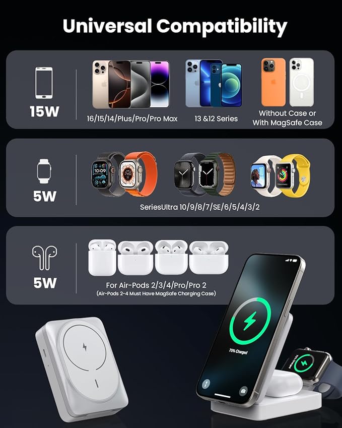 3-in-1 Wireless Charger Charging Station for iPhone, Qi2 Certified 15W Fast Charging Foldable Magnetic Charger Stand with 30W USB C Adapter for MagSafe iPhone 16/15/14/13/12, Apple Watch, AirPods