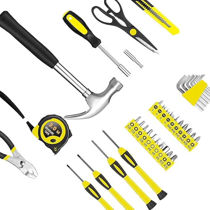 39 Piece Tool Set General Household Tool Kit - Basic Home Tool Set Small Hand Tool Kit with Plastic Toolbox Storage Case for Home Garage Office College Dormitory Use Yellow
