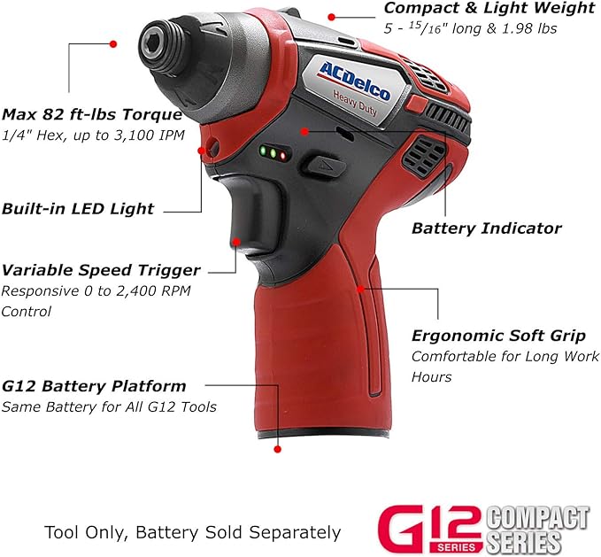 ACDelco ARI12105T G12 Series 12V Cordless Li-ion ¼” 82 ft-lbs. Impact Driver (Bare Tool)
