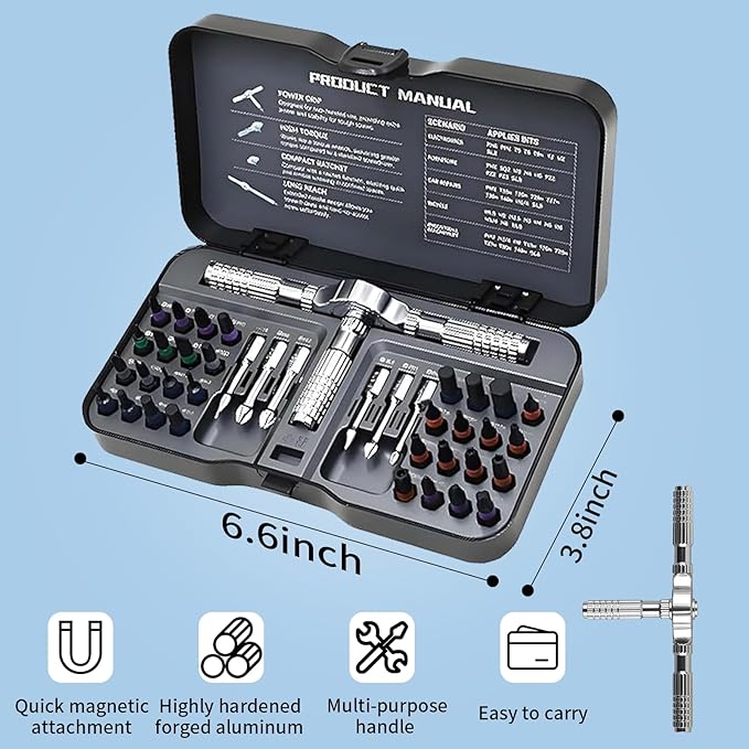 40 in 1 Magnetic Ratchet Screwdriver Set, DIY Ratchet Screwdriver Set with T Detachable Ratchet Handle, Portable S2 Tools for Furniture Assembly, Precision Electrical Appliance Repair, Bicycle Tools