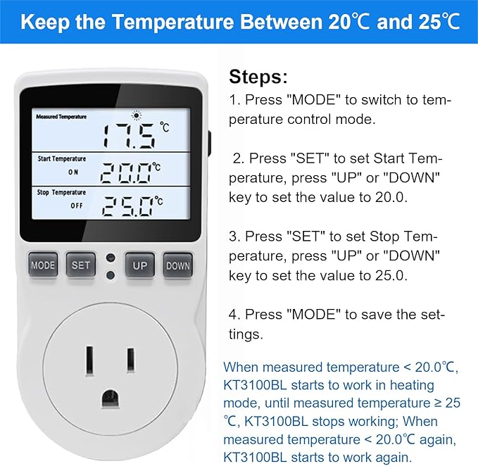 Digital Temperature Controller Thermostat Outlet Plug 120V with LCD Backlight, Heating Cooling Temperature Controlled Outlet 110V 15A with 3m Sensor