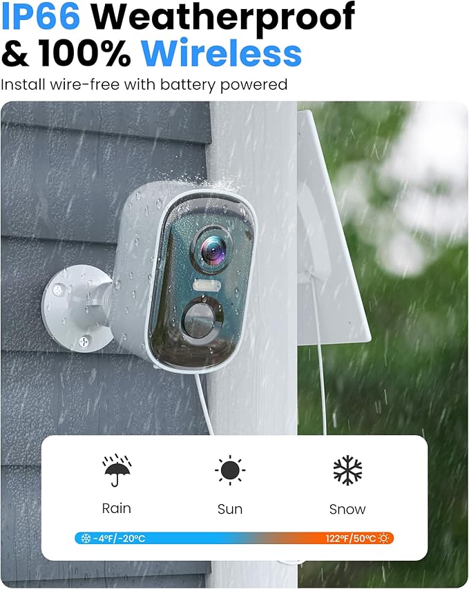 2K Security Cameras Wireless Outdoor, WiFi Cameras for Home Security with Solar Panel, Spotlight Color Night Vision, AI Motion Detection, Siren Alarm, 2-Way Talk, IP66, Cloud/SD Storage