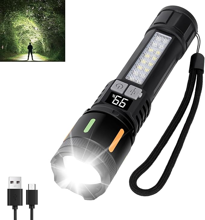 Flashlights High Lumens Rechargeable, 900,000L High Lumens Led Flashlight Battery Powered with 5 Light Modes, Cob Side Light, USB C, Waterproof, Zoomable, Blue & Red Flash, Handheld Flash Lights