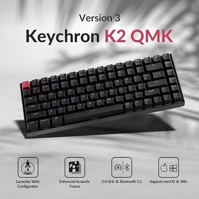 Keychron K2 75% Layout QMK Wireless and Wired Options Mechanical Keyboard Super Banana Switch, RGB Backlit with Shine-Through Double-Shot PBT Keycaps for Mac Windows-Version 3