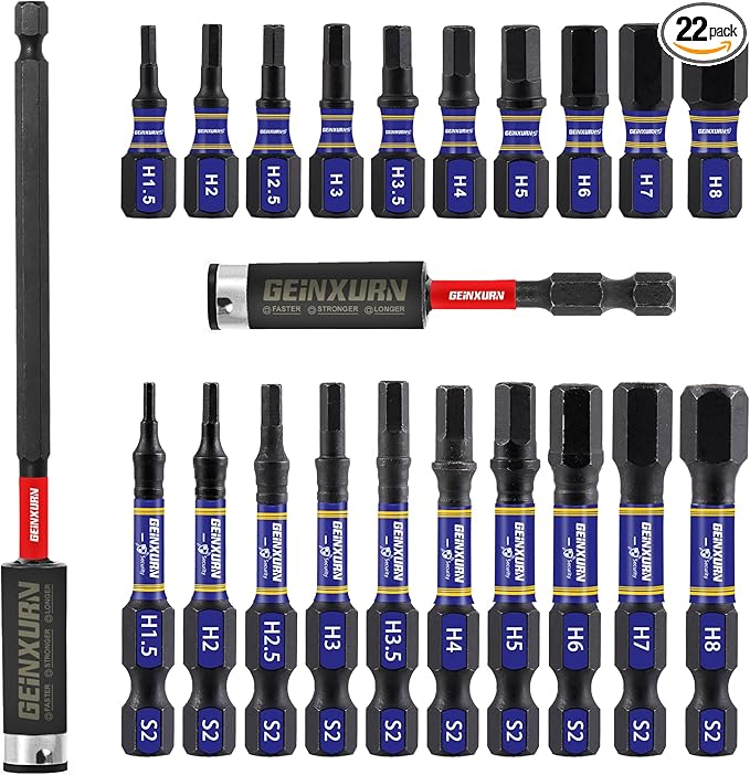 22-Piece 1/2"2" Multi Hex Head Impact Tough Magnetic Allen Wrench Drill Bits Set, Metric Power Bits Set, S2 Steel Hex Screwdriver Bit Set with 3-6" Extension Bit Holder