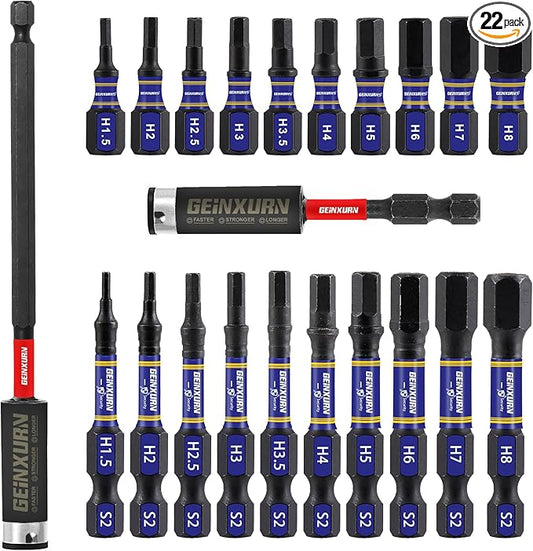 22-Piece 1/2"2" Multi Hex Head Impact Tough Magnetic Allen Wrench Drill Bits Set, Metric Power Bits Set, S2 Steel Hex Screwdriver Bit Set with 3-6" Extension Bit Holder