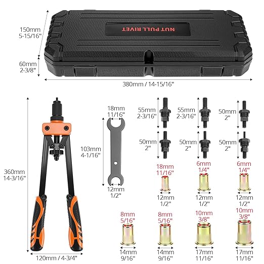QWORK Rivet Nuts Tool Kit, 14" Hand Rivet Tool with 6 Interchangeable Mandrels and 90 Rivet Nuts, Heat-Treated Chrome Vanadium Alloy