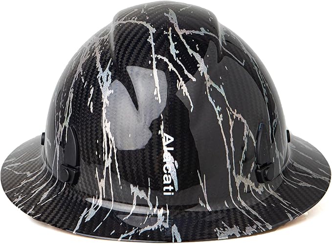 Carbon Fiber Hard Hat Full Brim with Goggles- Safety Helmet with 6-Point Adjustable Ratchet Suspension- ANSI Z89.1 Compliant