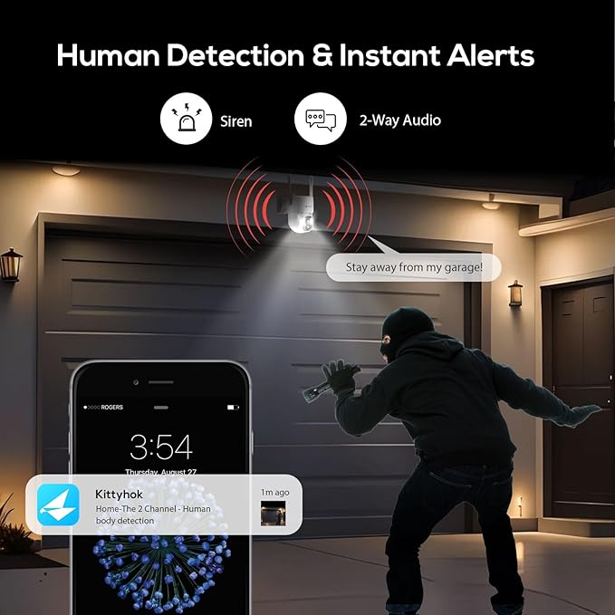 Kittyhok PT Solar Camera Security Outdoor | 2K FHD Security Camera Wireless Outdoor, Solar Battery Powered, Color Night Vision, Smart Detection, IP66 Weatherproof, Local Recording for Home Security