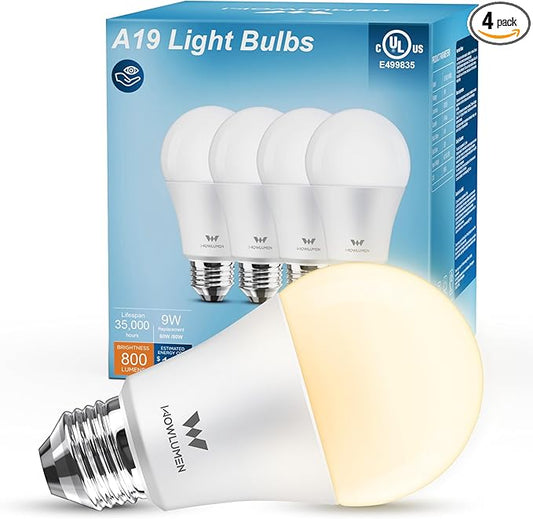 A19 LED Light Bulb,9W E26 Light Bulbs(60 Watt/80 Watt Equivalent),2700K Warm White,Non-Dimmable,800LM Standard Base for Bedroom, Kitchen, Living Room, Office,UL Listed,4 Packs