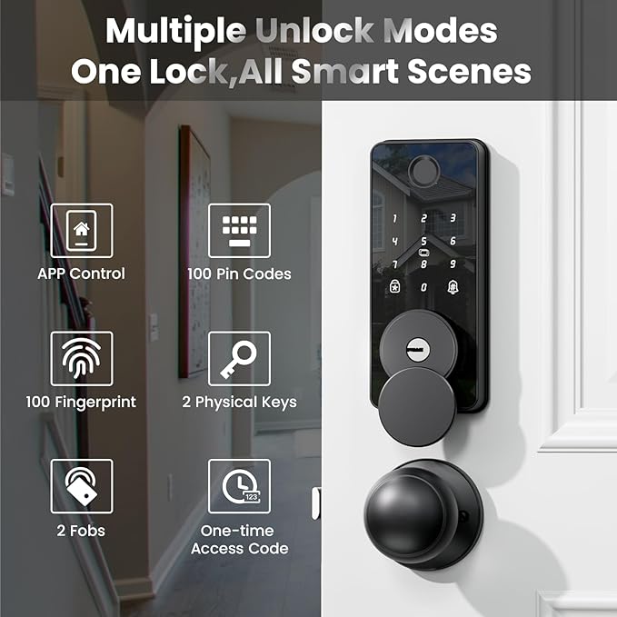 Keyless Entry Door Lock with 2 Knobs, Biquole Fingerprint Keypad Deadbolt, Smart Deadbolt for Front Door Lock Set, Auto Lock, One-time Codes, Easy to Install, App Control