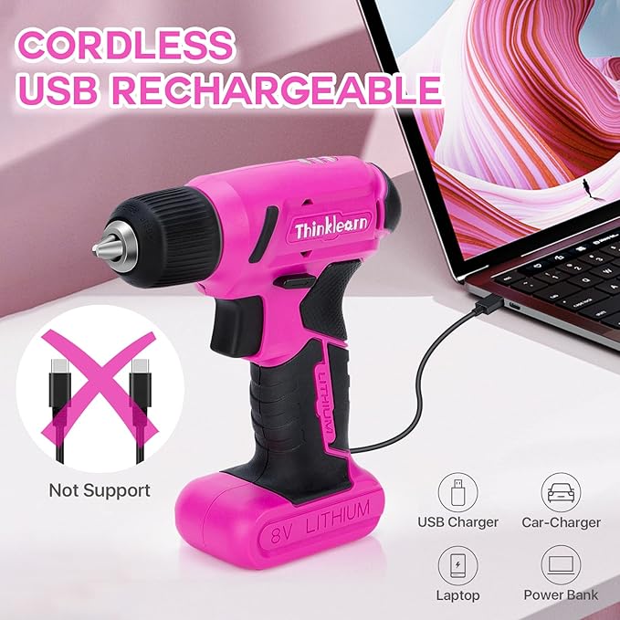 8V Pink Cordless Drill Set, 64 Pcs Pink Power Drill Tool Kit for Women, 3/8"Keyless Chuck Electric Screwdriver Driver Kit for Home DIY and Repair, USB Charger and Storage Box Included