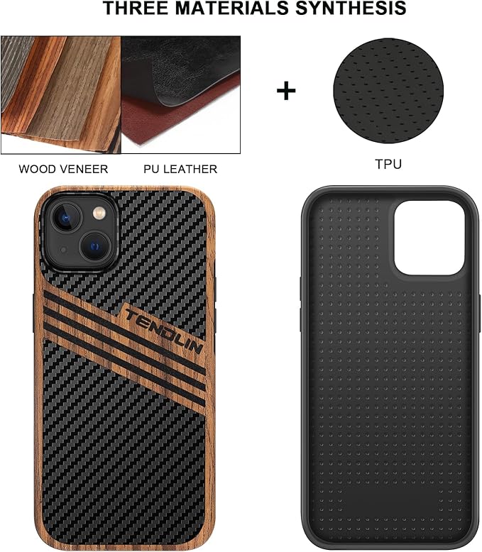 TENDLIN Compatible with iPhone 15 Case Wood Grain with Carbon Fiber Texture Design Leather Hybrid Slim Case (Three Stripe)