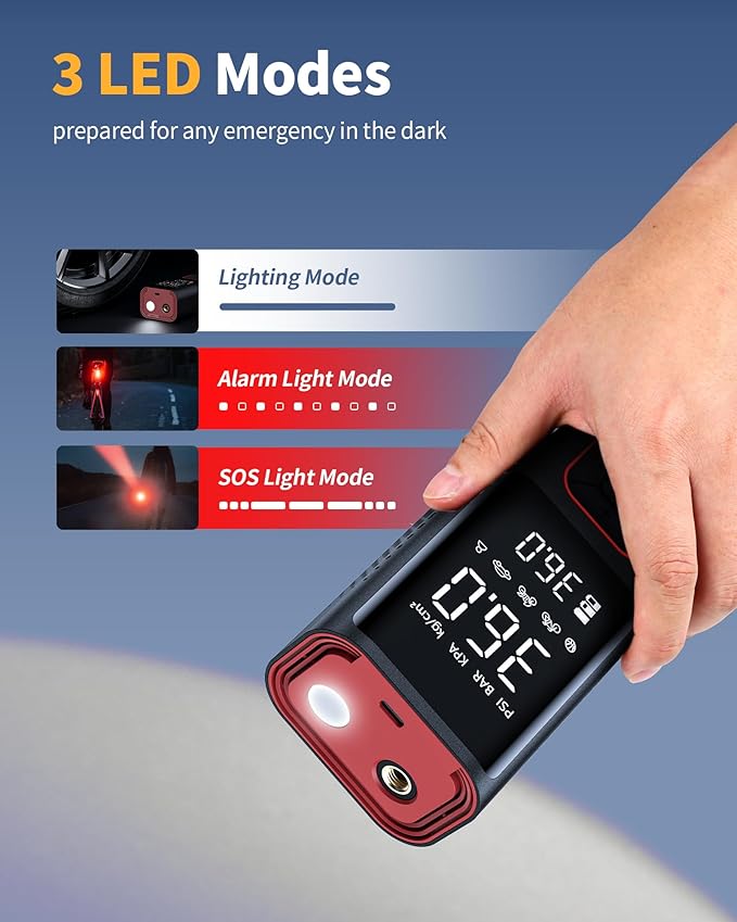 Cordless Tire Inflator Portable Air Compressor - 150PSI Air Pump with Auto Shutoff Function for Car Tires, Inflatables, Motorcycle, Balls, Compact Bike Tire Pump with LED Light, Red, Large