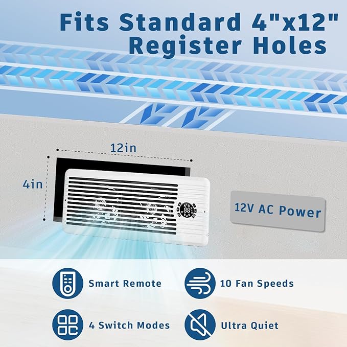 Register Booster Fan for 4" x 12" Register Holes, Smart AC Vent Booster Fans Improves Heating & Cooling with Remote and Thermostat Control,10-Speed Quiet Vents Fan for Floor Ceiling
