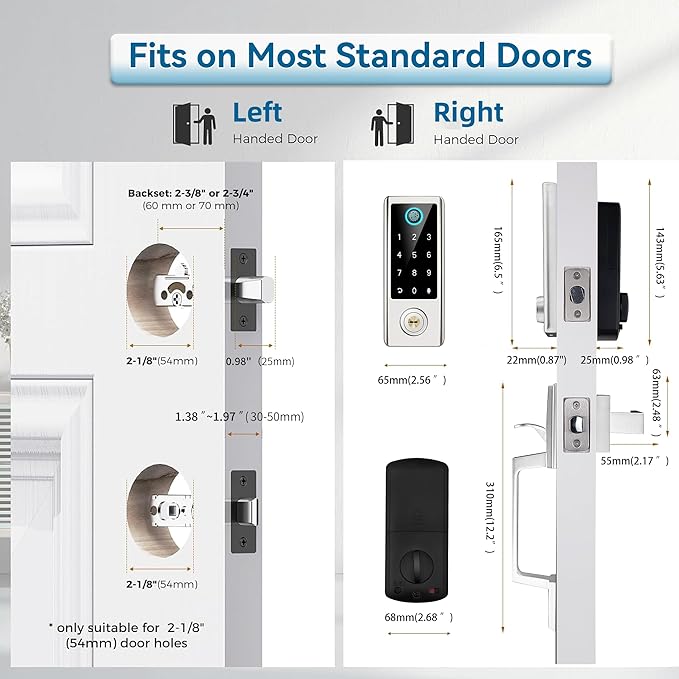 Fingerprint Door Lock with Handle Sets, BEBASIA Keyless Entry Door Lock, Bluetooth Front Door Lock Set, Smart Deadbolt, Electronic Keypad Digital Deadbolt with Handle, Satin Nickel