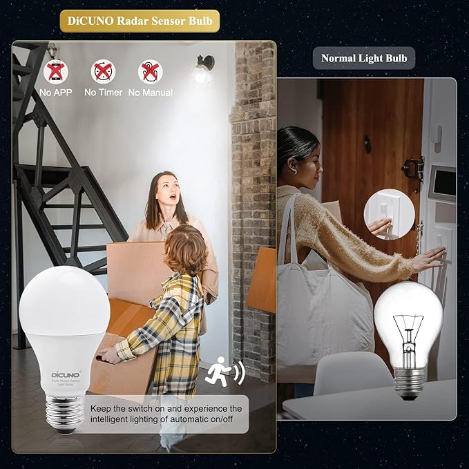 DiCUNO Radar Motion Sensor Light Bulbs Outdoor, 12W (100W Equivalent), Motion Sensor Bulb Auto On/Off, Daylight White 5000K, 1100 LM, A19 E26 Indoor/Outdoor Lighting for Front Porch Garage, 2-Pack