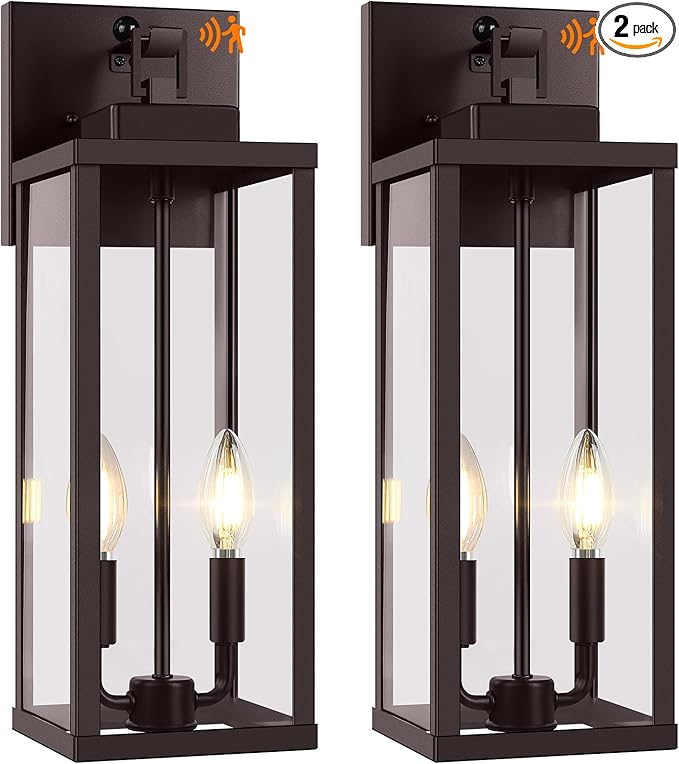 BesLowe 18” Upgraded Motion Sensor Outdoor Wall Lights, Dusk to Dawn Porch Lights Outdoor Wall Sconces, 3 Lighting Modes Exterior Lighting Fixtures with Hooks, Brown Outside Lights for House, 2-Pack