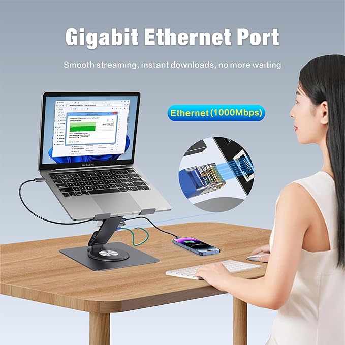 Adjustable Laptop Stand for Desk with Docking Station 11-in-1, Aluminum Laptop Riser with USB Hub 360°Swivel Dual Display 4K60Hz HDMI Gigabit Ethernet USB3.0 PD100W for MacBook Pro Air/Dell/HP 7-15.6"