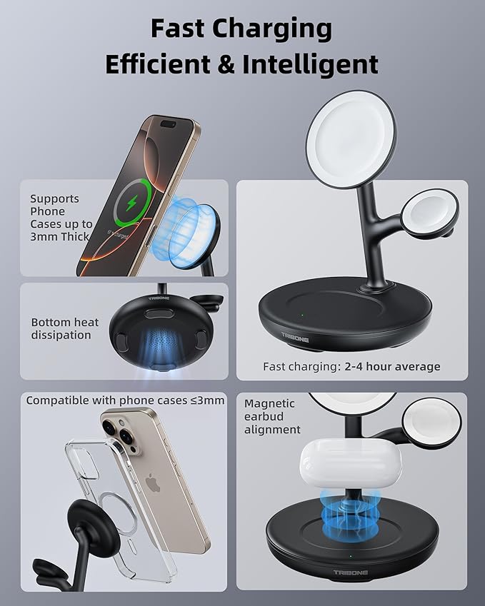 3 in 1 Magnetic Wireless Charger Stand for Apple Devices, TRIBONE Fast Charging Station for iPhone 16/15/14/13/12 Series, Apple Watch, Airpods (Panda Color)