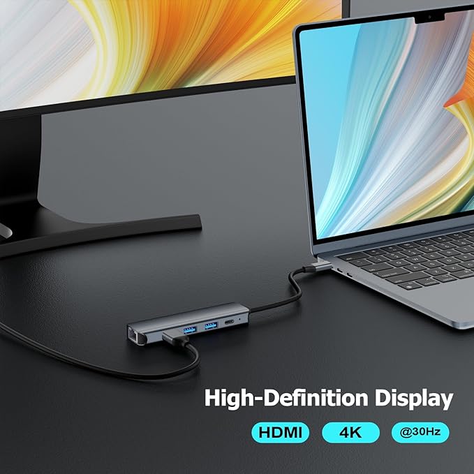 USB C Hub Ethernet HDMI Multiport Adapter for MacBook Pro/Air, iPad, Laptop Dock with 5Gbps USB A/C, 1Gbps RJ45 Gigabit Ethernet, 4K 30Hz HDMI, 100W Pass Through Charging