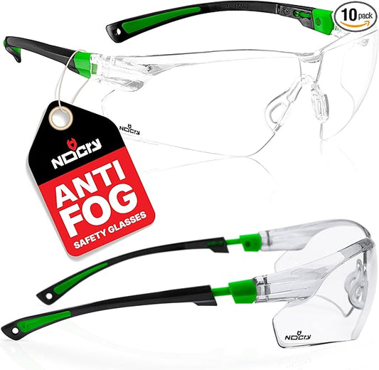NoCry Safety Glasses with Clear Anti Fog Scratch Resistant Wrap-Around Lenses and No-Slip Grips, UV Protection. Adjustable, Black & Green Frames (10 pack)