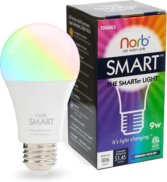Norb Smart Light Bulb, Tunable Wellness Full Spectrum White & Color Changing, Alexa & Google Home Compatible, No Hub Required, Dimmable, A19, 9W LED Bulb for Home Automation, WiFi, Bluetooth (1-Pack)