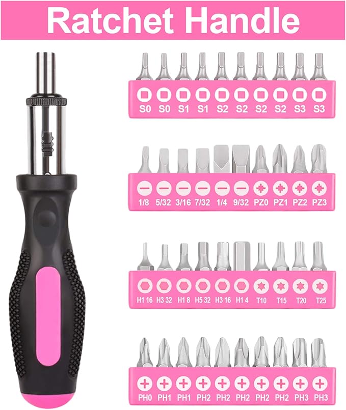 THINKWORK 122-Piece Pink Tool Set with 3.6V Rotatable Electric Screwdriver, Home Tool Kit for Women with Easy Carrying Round Pouch, Ladies Pink Tool Kit for Home Maintenance, DIY, Gifts